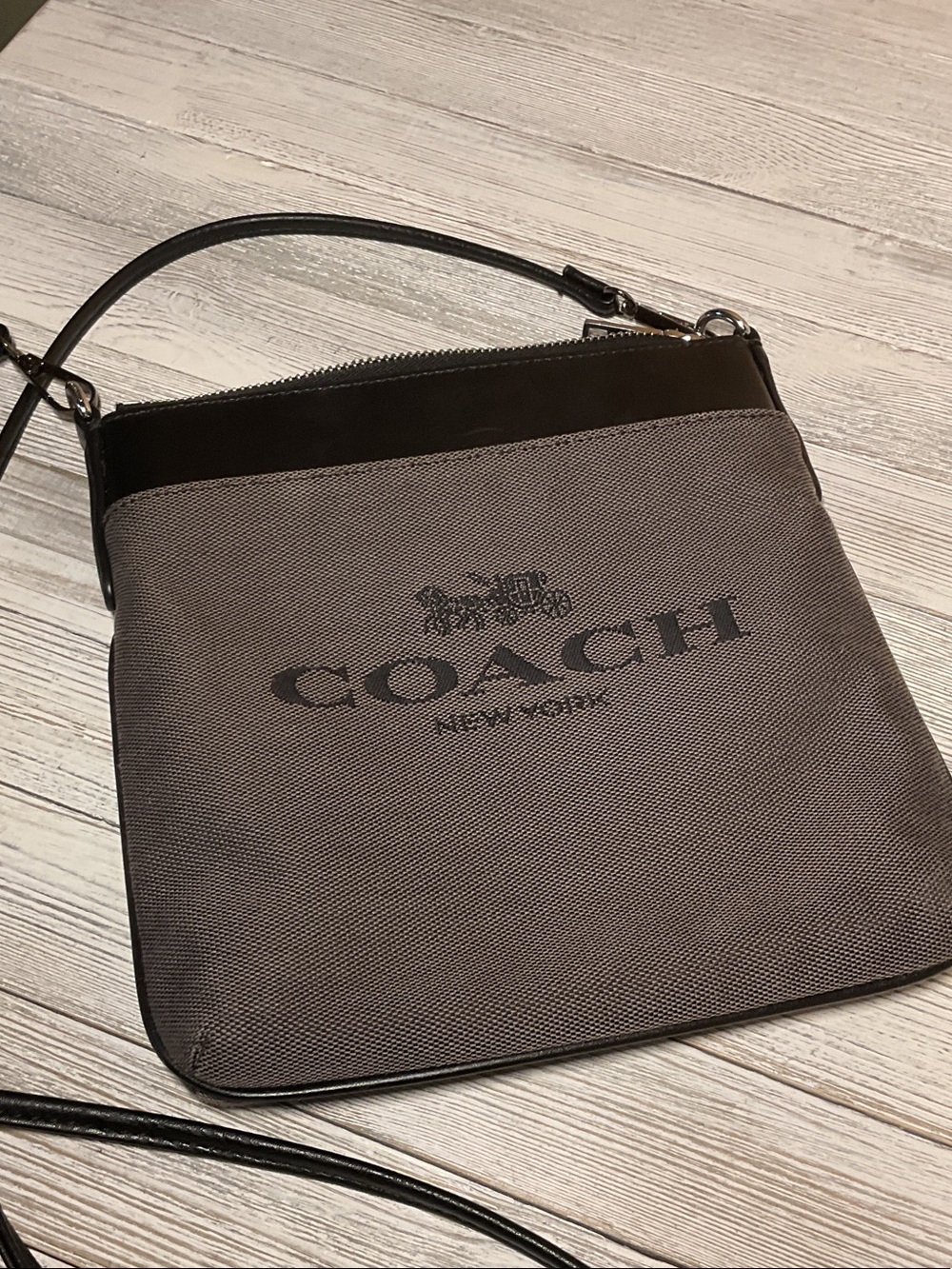 Kitt Messenger Crossbody Bag gray Jacquard and refined black leather READ